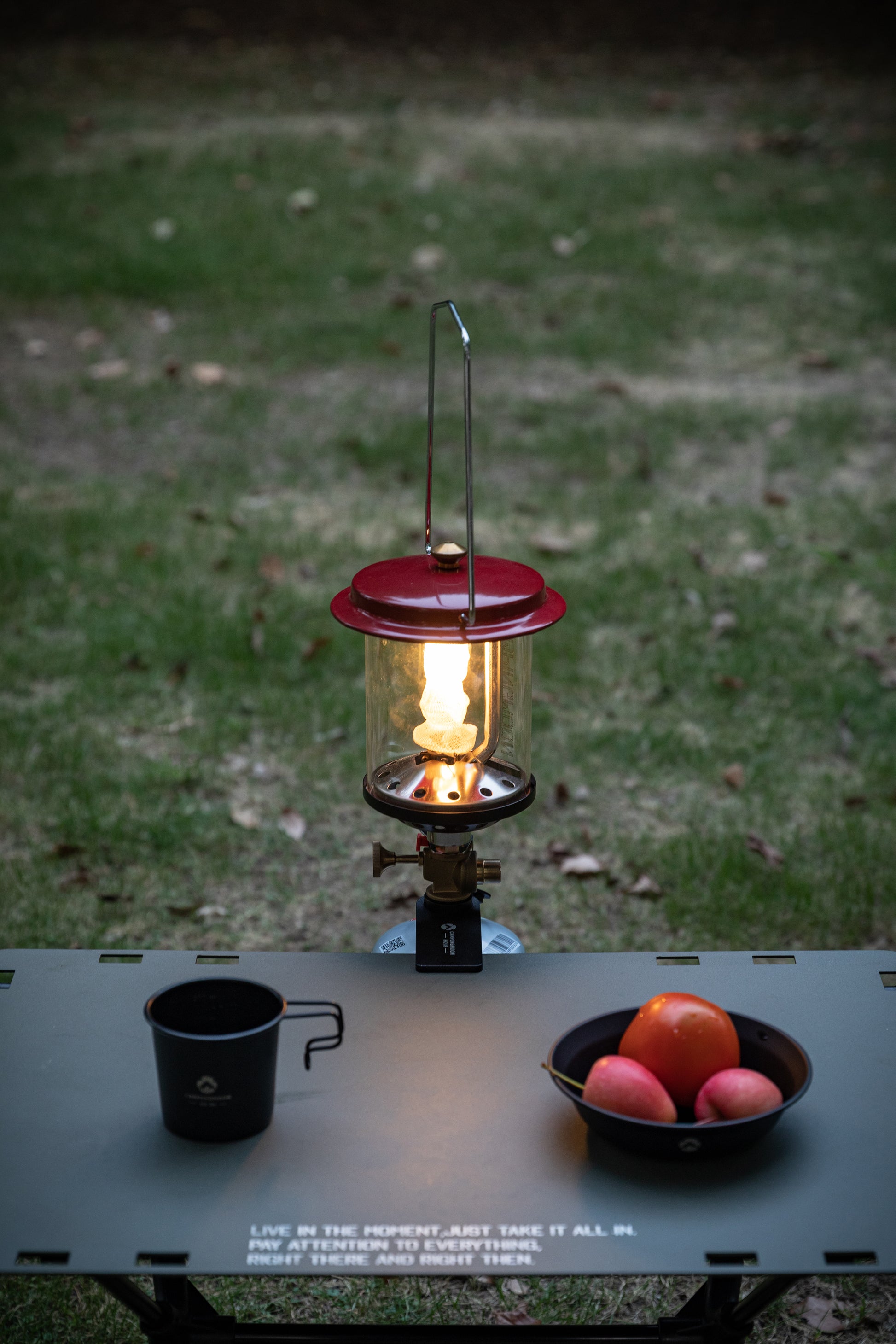 Nomadia Wild Camping Portable Lightweight Glamping Atmosphere Gas Lamp clipped to a camping table - camping setup - uk camping