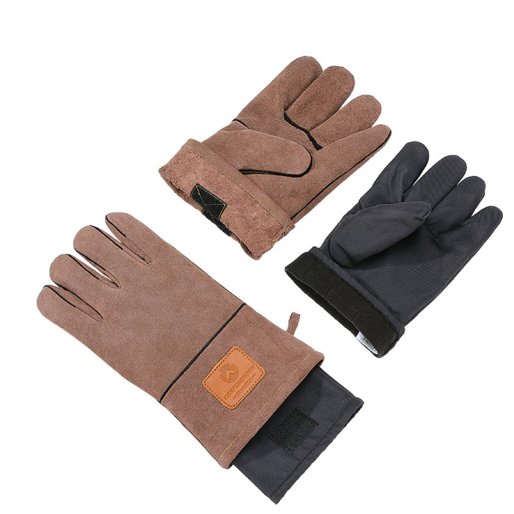 Nomadia Flamo Heavy-Duty Leather Fire Gloves with black detachable fleece - camping essential - camping gear 