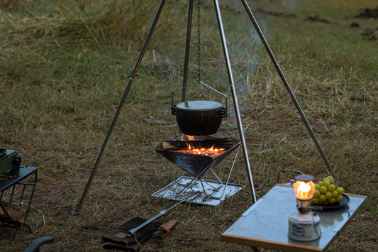 Nomadia Flamo Stainless Steel Quadripod Wild Camping Barbecue Campfire Glamp - Stainless Steel Quadripod - firepit - fire grill - outdoor gear - camping equipment - camping with a fire