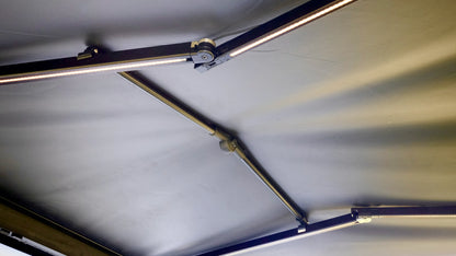Close-up of Nomadia Glide World's fastest opening awning mechanism with special support structure for extended durability, strength, pole-free freedom. overlanding - wildcamping - aluminium awning - easy setup - fast setup awning