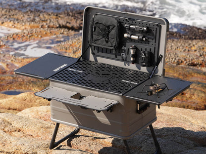 50L Nomadia ModoBox 2in1 camping table and storage box  open up with kitchen stove on rock - wildcamping - camping gear - uk camping