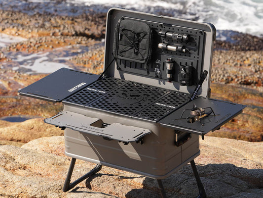 50L Nomadia ModoBox 2in1 camping table and storage box  open up with kitchen stove on rock - wildcamping - camping gear - uk camping