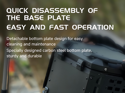 Nomadia ModoBox ArmorFold 45 Motorcycle Trunk Camping Table with detachable base plate for cleaning and maintenance, quick disassembly and ease of use.