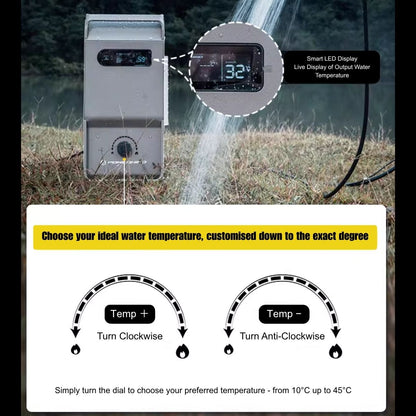 Nomadia ThermoFlow Portable Water Heater with Smart Control with digital display and temperature adjustment dial, set against a natural outdoor background. - outdoor gear - overlanding gear - portable shower
