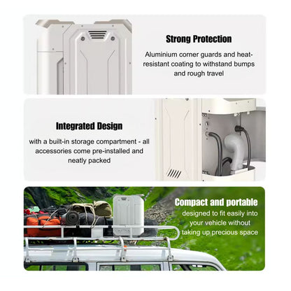 Product features of Nomadia ThermoFlow Portable Water Heater with Smart Control including strong protection, integrated design with storage compartment, and compact portable design. - outdoor gear - overlandng gear - portable shower