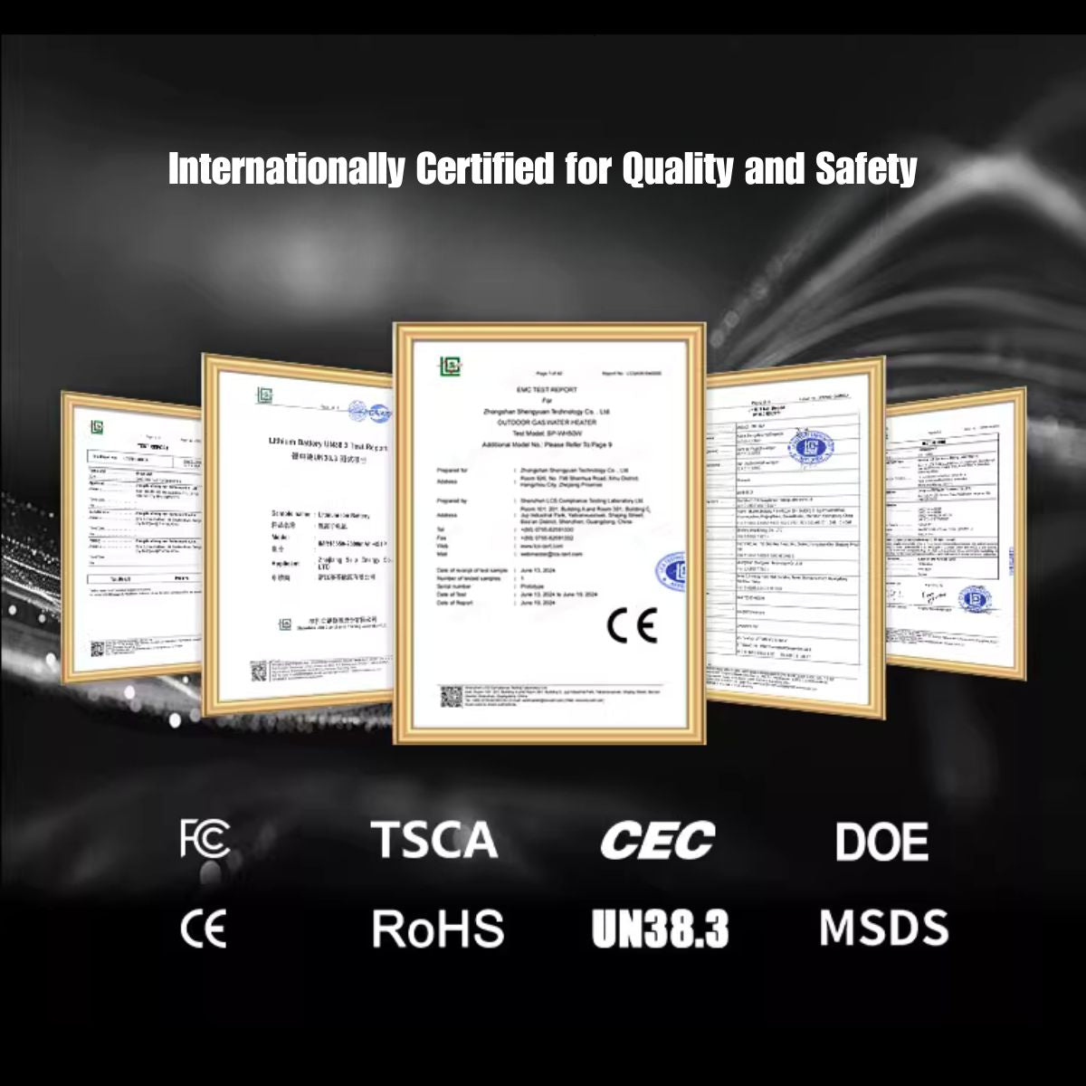 Certification frames with various certification logos for Nomadia ThermoFlow Portable Water Heater with Smart Control - outdoor gear - overlanding gear - portable shower