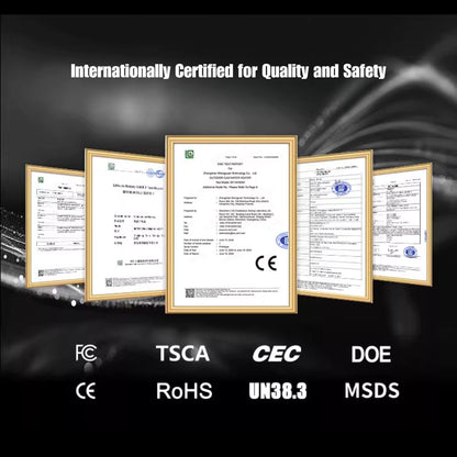 Certification frames with various certification logos for Nomadia ThermoFlow Portable Water Heater with Smart Control - outdoor gear - overlanding gear - portable shower