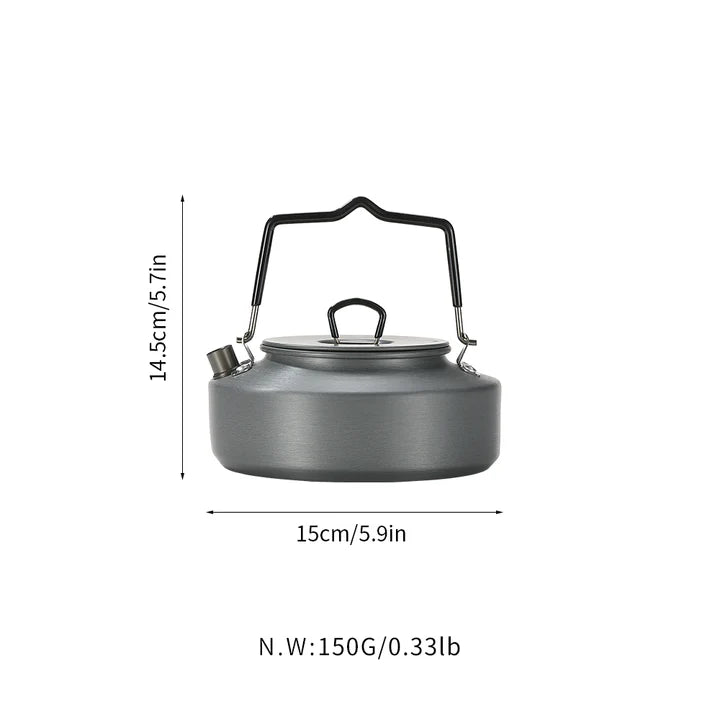 Nomadia fast boil camping kettle for gas stove with dimensions and weight displayed on a white background - campervan kettle - 0.8l small lightweight portable kettle