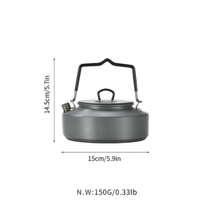 Nomadia fast boil camping kettle for gas stove with dimensions and weight displayed on a white background - campervan kettle - 0.8l small lightweight portable kettle