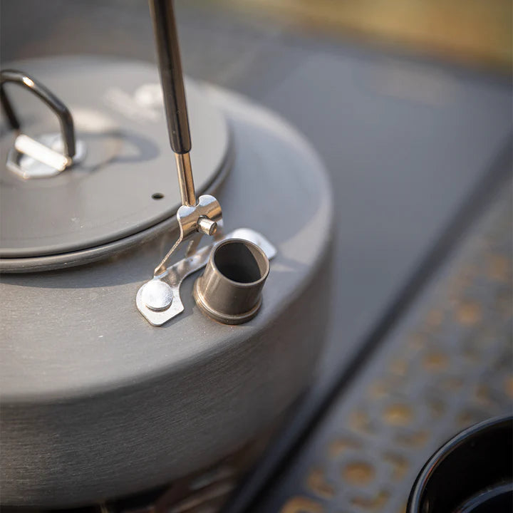close up of the kettle spout of Nomadia fast boil camping kettle for gas stove - anodised aluminium - small camping kettle - campervan kettle - multiuse kettle 