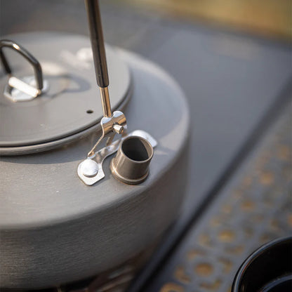 close up of the kettle spout of Nomadia fast boil camping kettle for gas stove - anodised aluminium - small camping kettle - campervan kettle - multiuse kettle 