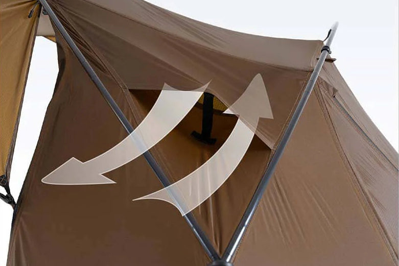 Tent with ventilation windows and text explaining their function on a light gray background