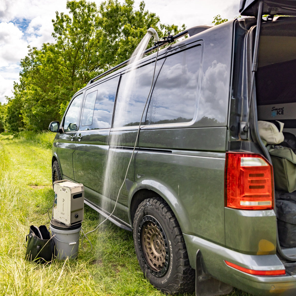 ThermoFlow beside a campervan, connected to a shower head with water running outdoors.