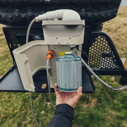 ThermoFlow with its rear compartment open, shower head stored on top and a gas canister held in front.
