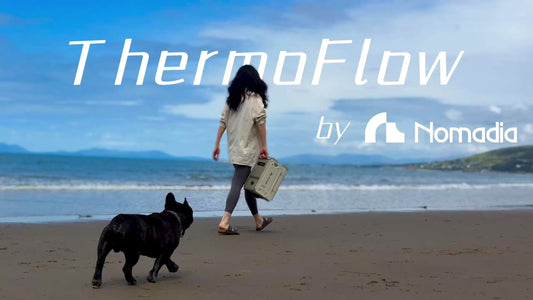 portable heated shower system ThermoFlow used by the sea to wash up muddy dogs